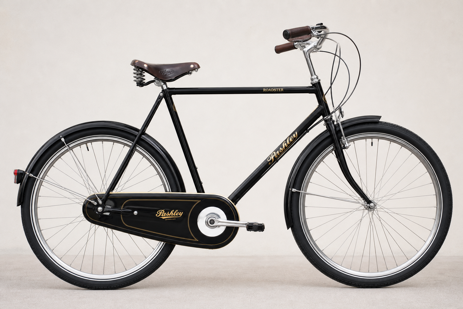 Classic Pashley Roadster bicycle showing traditional upright design with chaincase and mudguards